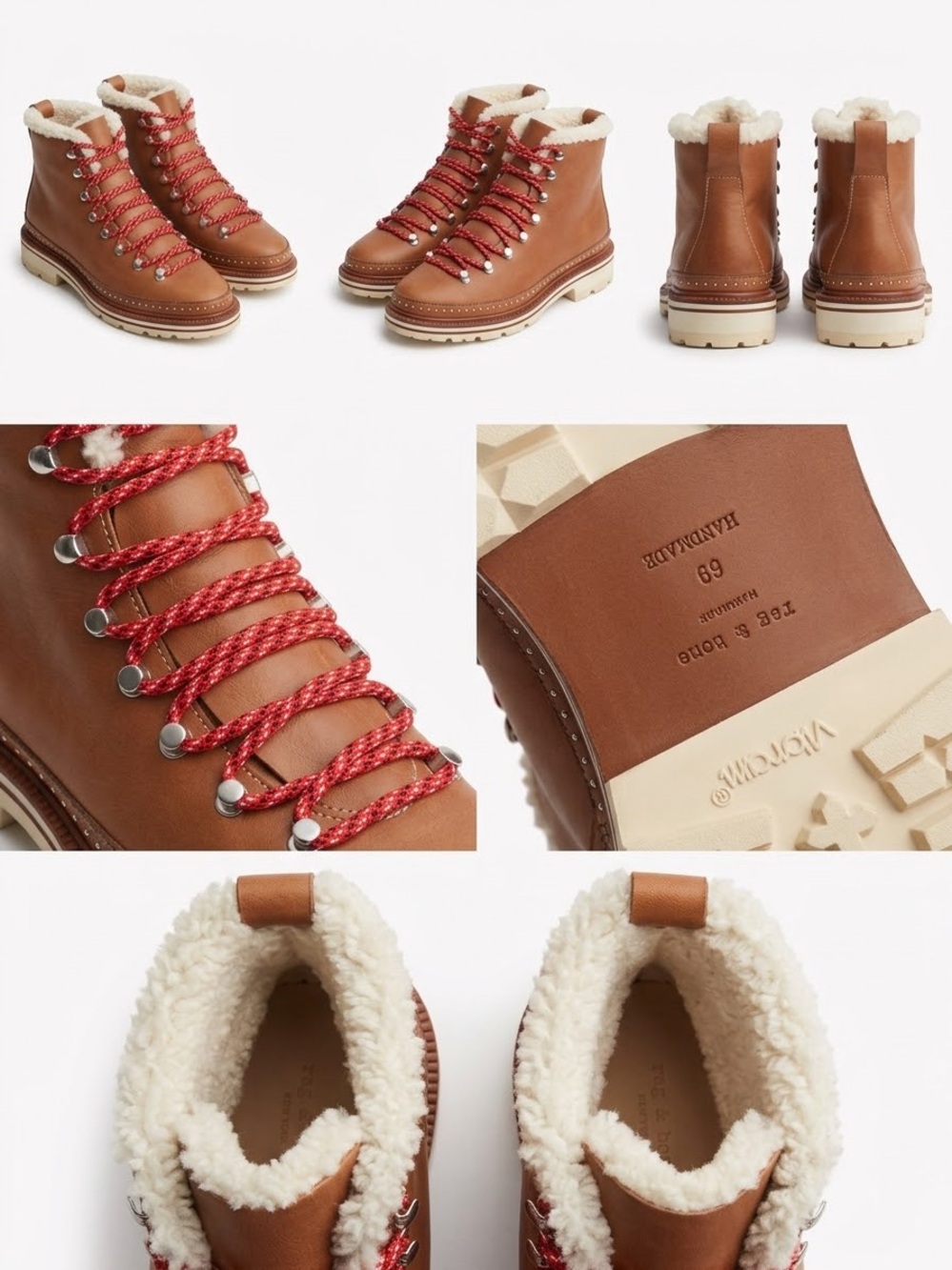 Rag & Bone Shearling Hiking Boots Tan Leather Red Laces Vibram Sole size 39eu